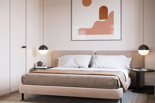 minimalistisches hellbeiges schlafzimmer dekor