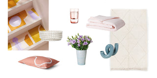 decor mooboard frühling. bettwäsche, blumen, vase, keramik, teppich